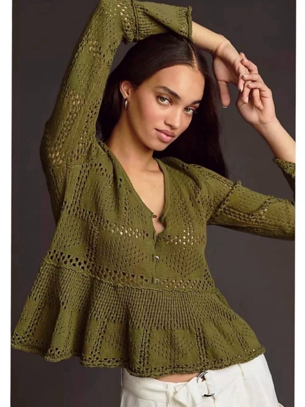 Anthropologie Pilcro Pointelle Babydoll Knit Top Sz M 100% Cotton Boho Cottage - Picture 1 of 11